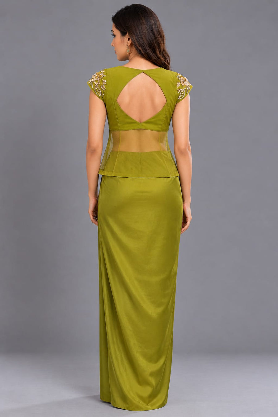 Olive Green Embroidered Dhoti Set with Mirror Work and Cap Sleeves