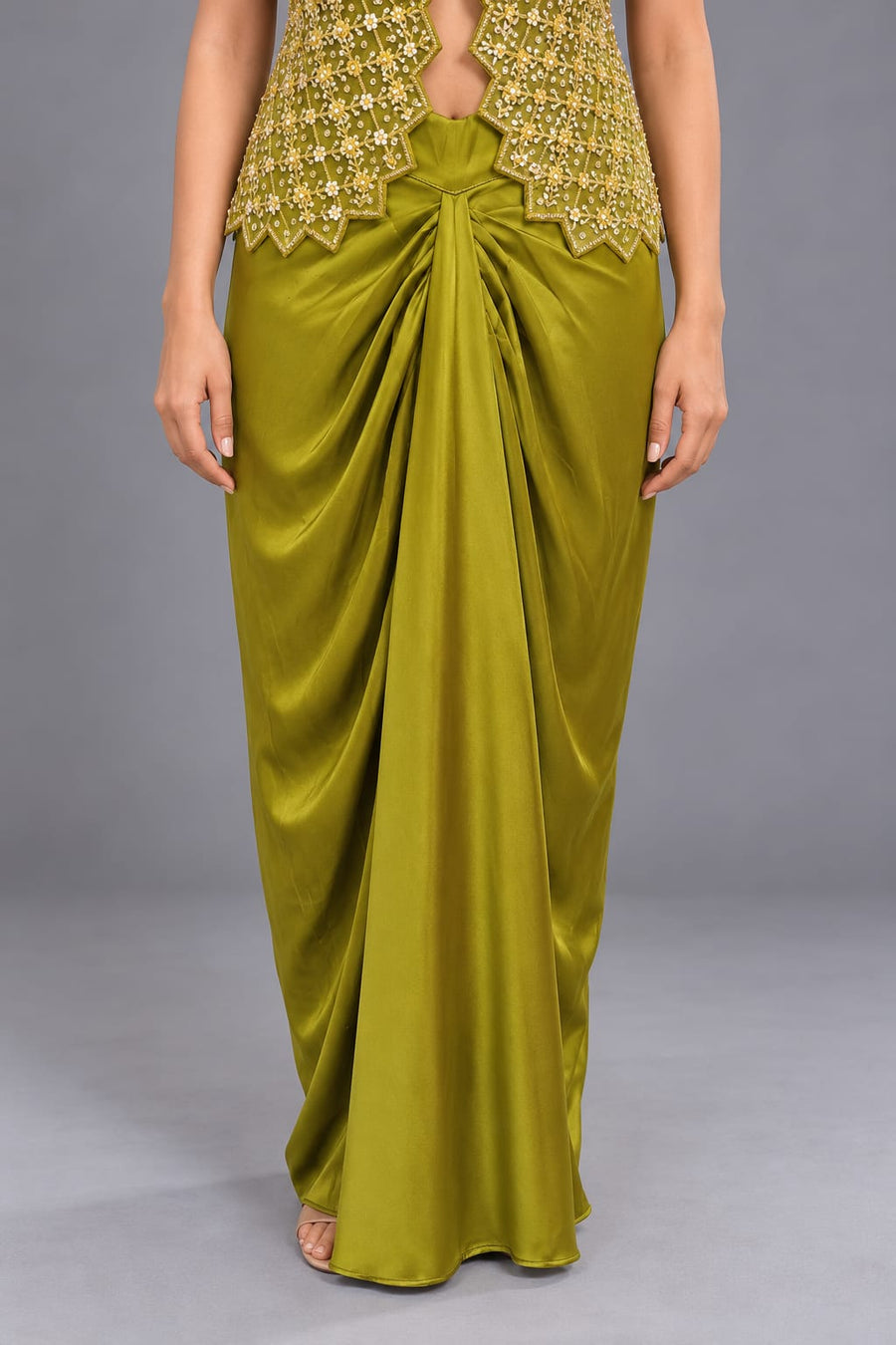 Olive Green Embroidered Dhoti Set with Mirror Work and Cap Sleeves