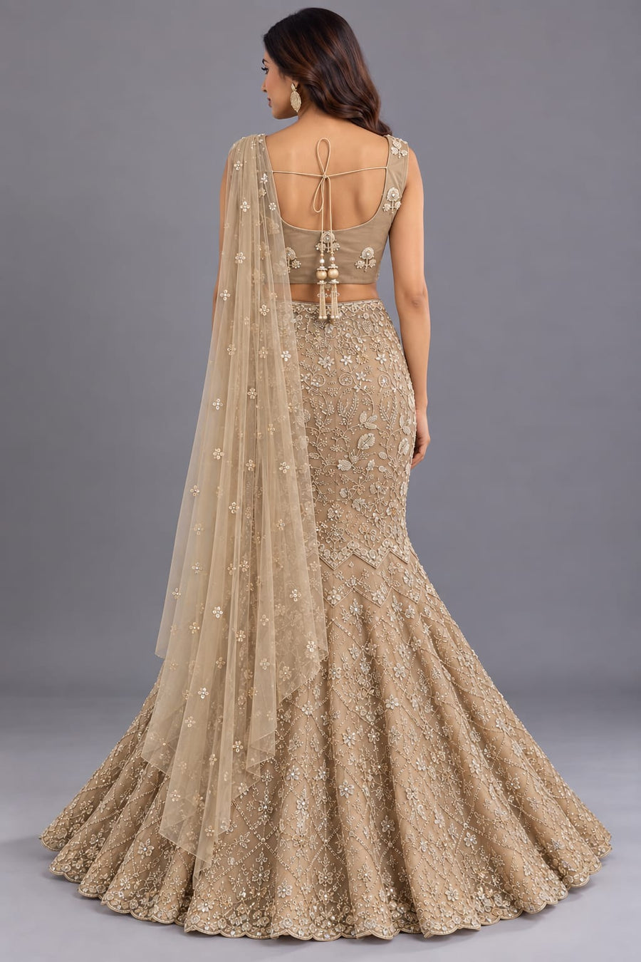 Champagne Embroidered Fishcut Lehenga with Draped Dupatta for Women