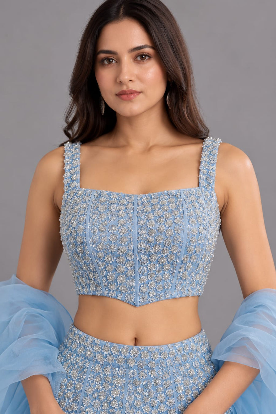 Sky Blue Fishcut Lehenga with Sequin Work & Ruffle Dupatta
