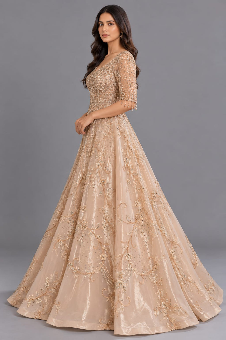 Designer Chiku Embroidered A-Line Gown with Pearl Work for Engagement