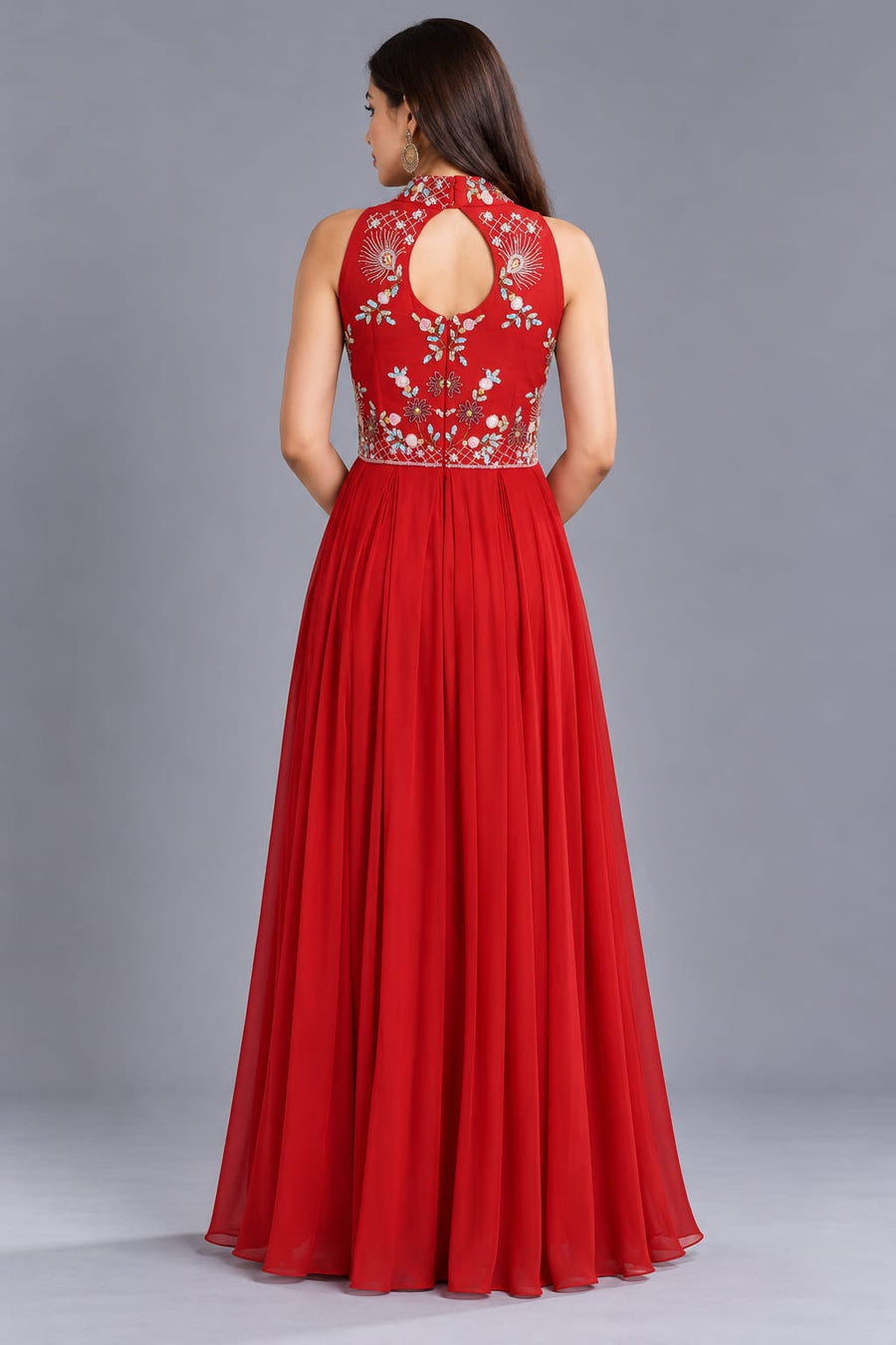Red Embroidered Anarkali Gown with Floral Work and Coin Tassels