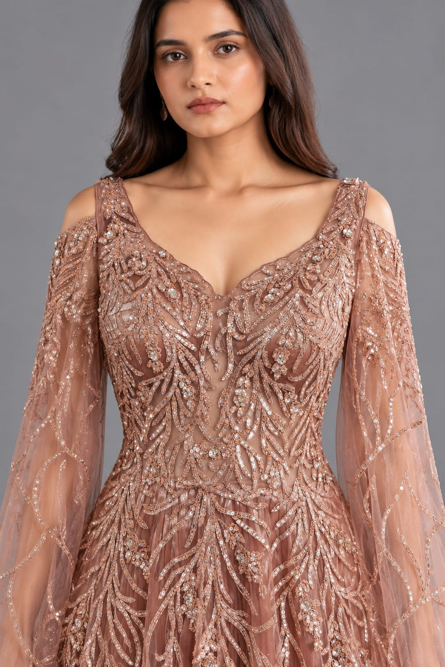 Rose Gold Sequin Embroidered Designer Gown with Cape Sleeves for Women