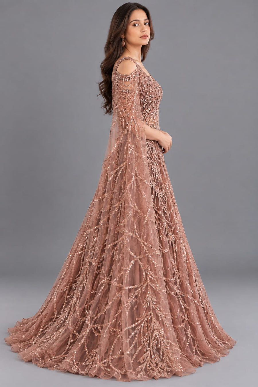 Rose Gold Sequin Embroidered Designer Gown with Cape Sleeves for Women