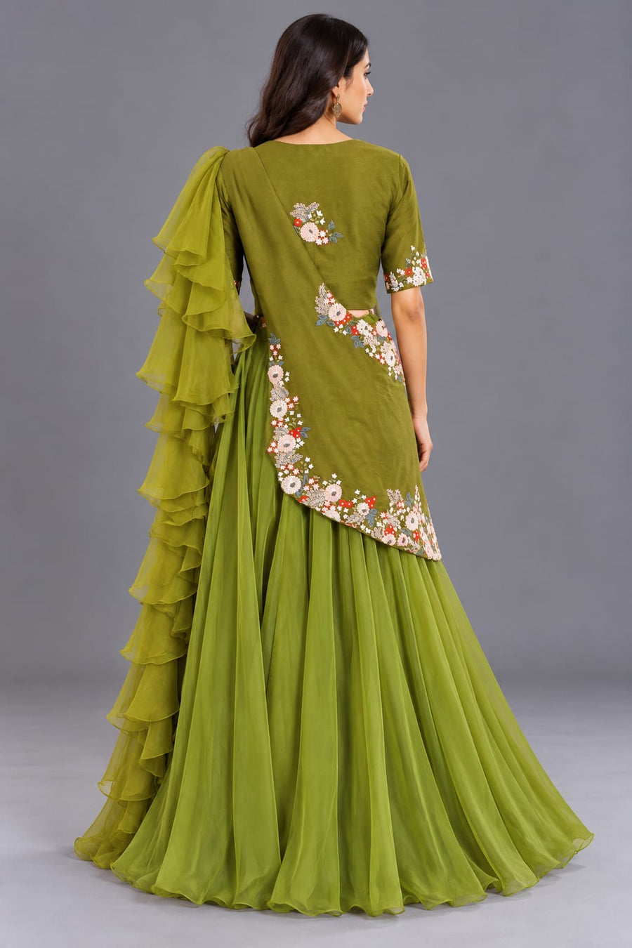 Olive Green Floral Embroidered Peplum Top with Flared Skirt Set