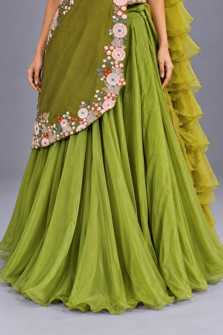 Olive Green Floral Embroidered Peplum Top with Flared Skirt Set