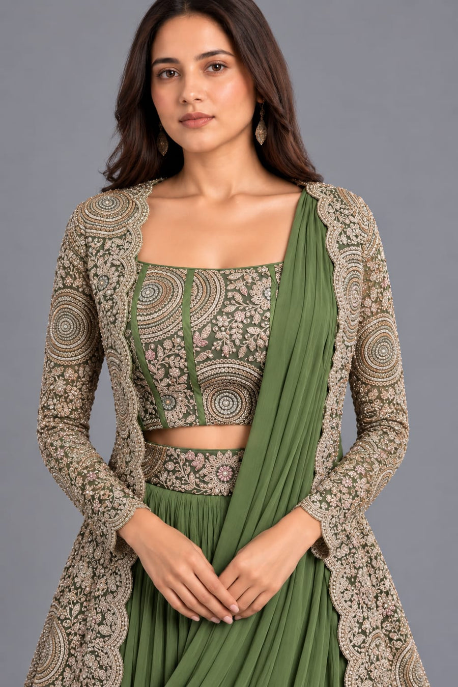 Green Chinon Indo Western Set with Sequin and Resham Work