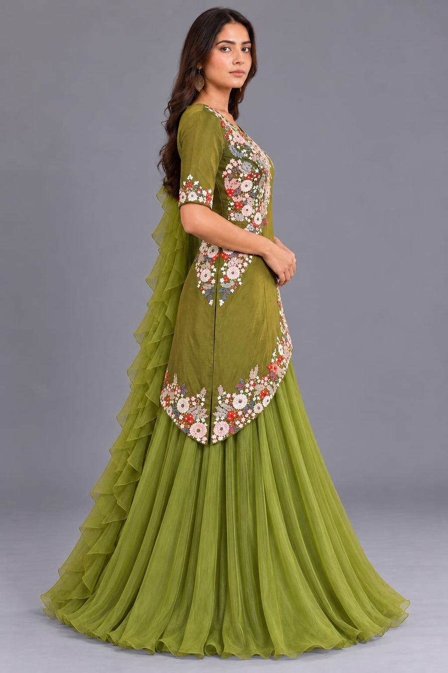 Olive Green Floral Embroidered Peplum Top with Flared Skirt Set