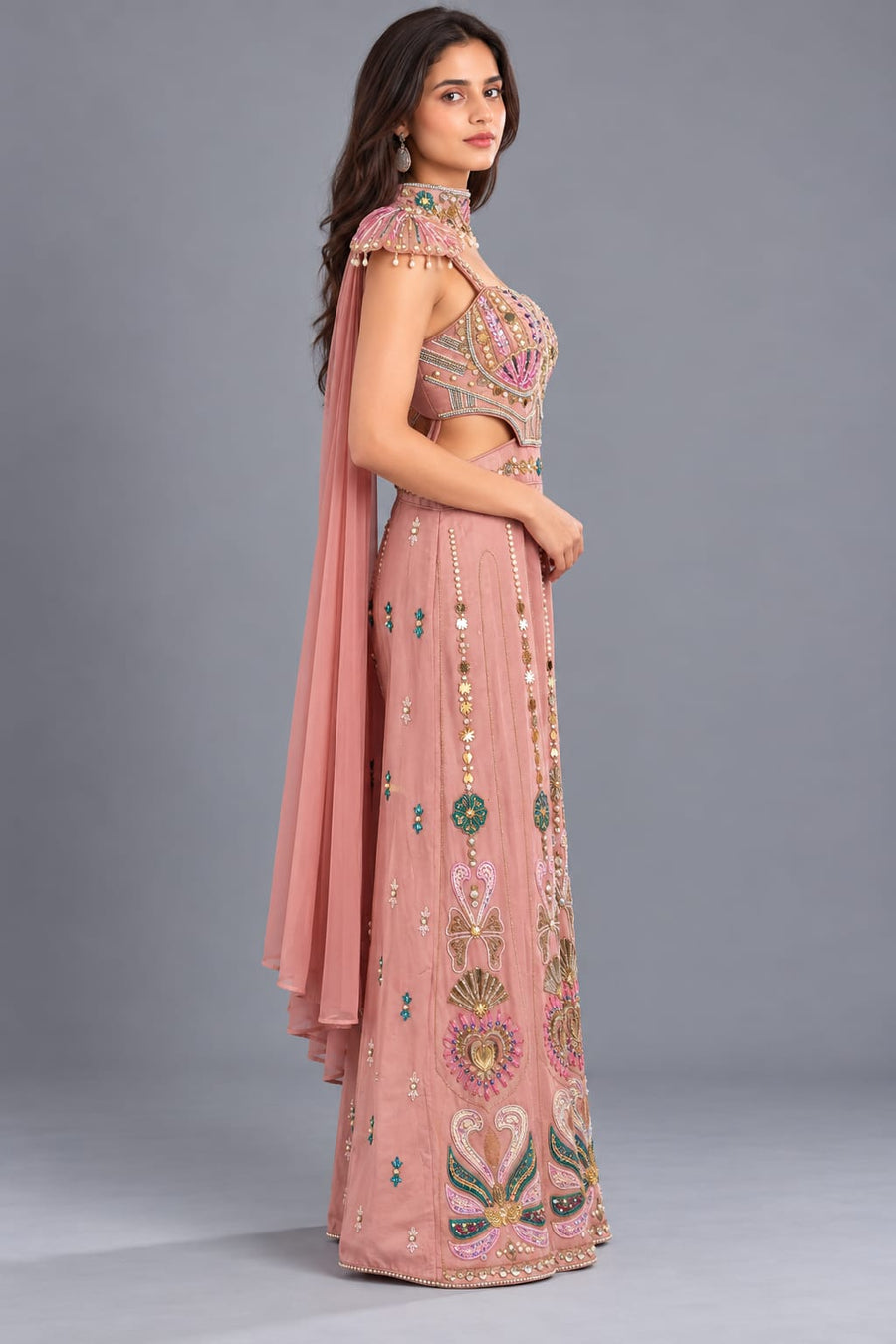Dusty Pink Embroidered Wide-Leg Jumpsuit with Choker Dupatta