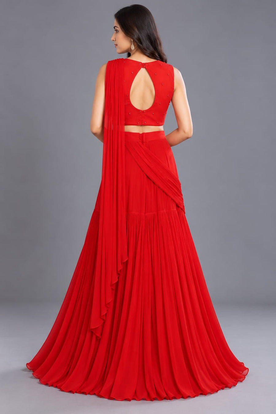 Red Flared Lehenga with Embroidered Blouse and Draped Dupatta