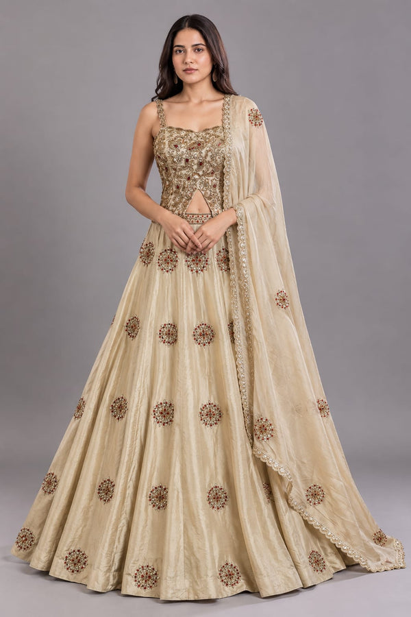 Champagne Gold Embellished Designer Lehenga with Red Stone Work