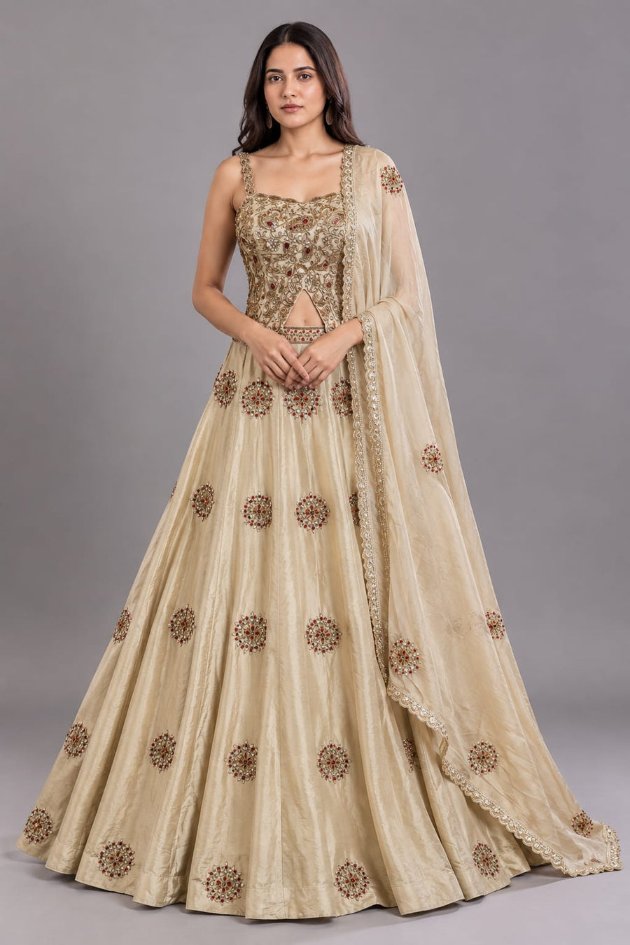 Champagne Gold Embellished Designer Lehenga with Red Stone Work