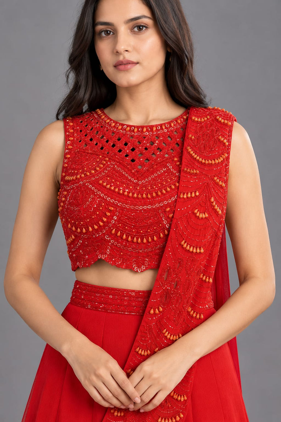 Red Flared Lehenga with Embroidered Blouse and Draped Dupatta