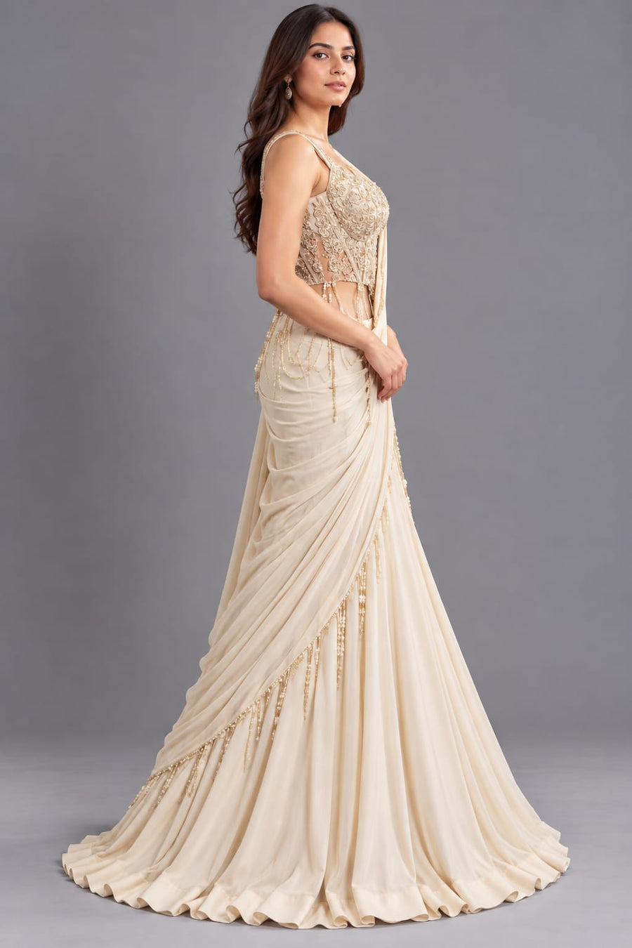 Ivory Drape Saree with Embroidered Corset Blouse for Women | Vastrachowk