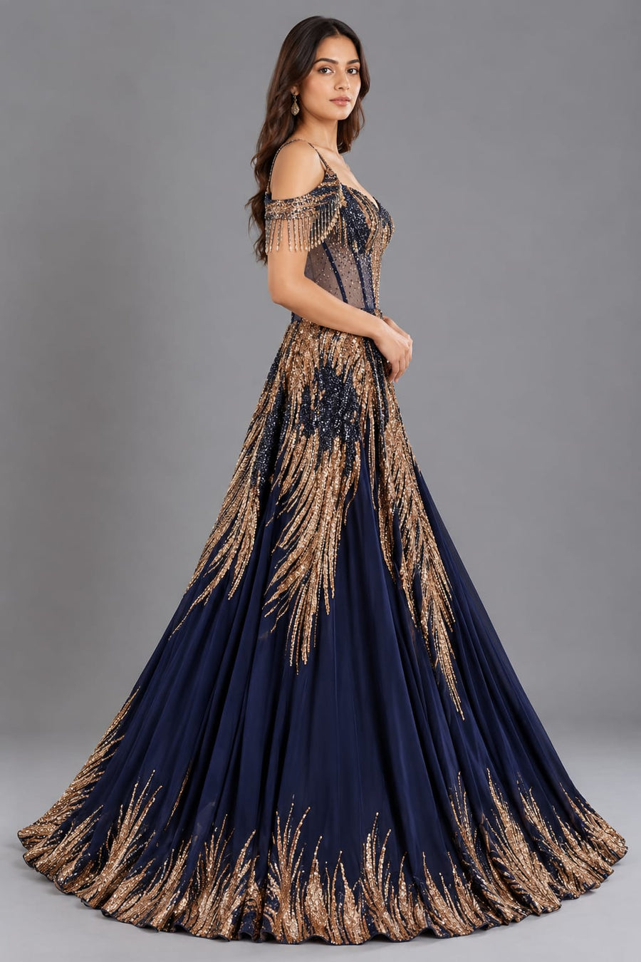 Navy Blue Designer Gown with Golden Sequin Work & Cold Shoulder