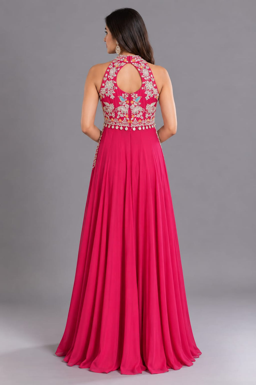 Hot Pink Halter Neck Embroidered Flared Anarkali for Women