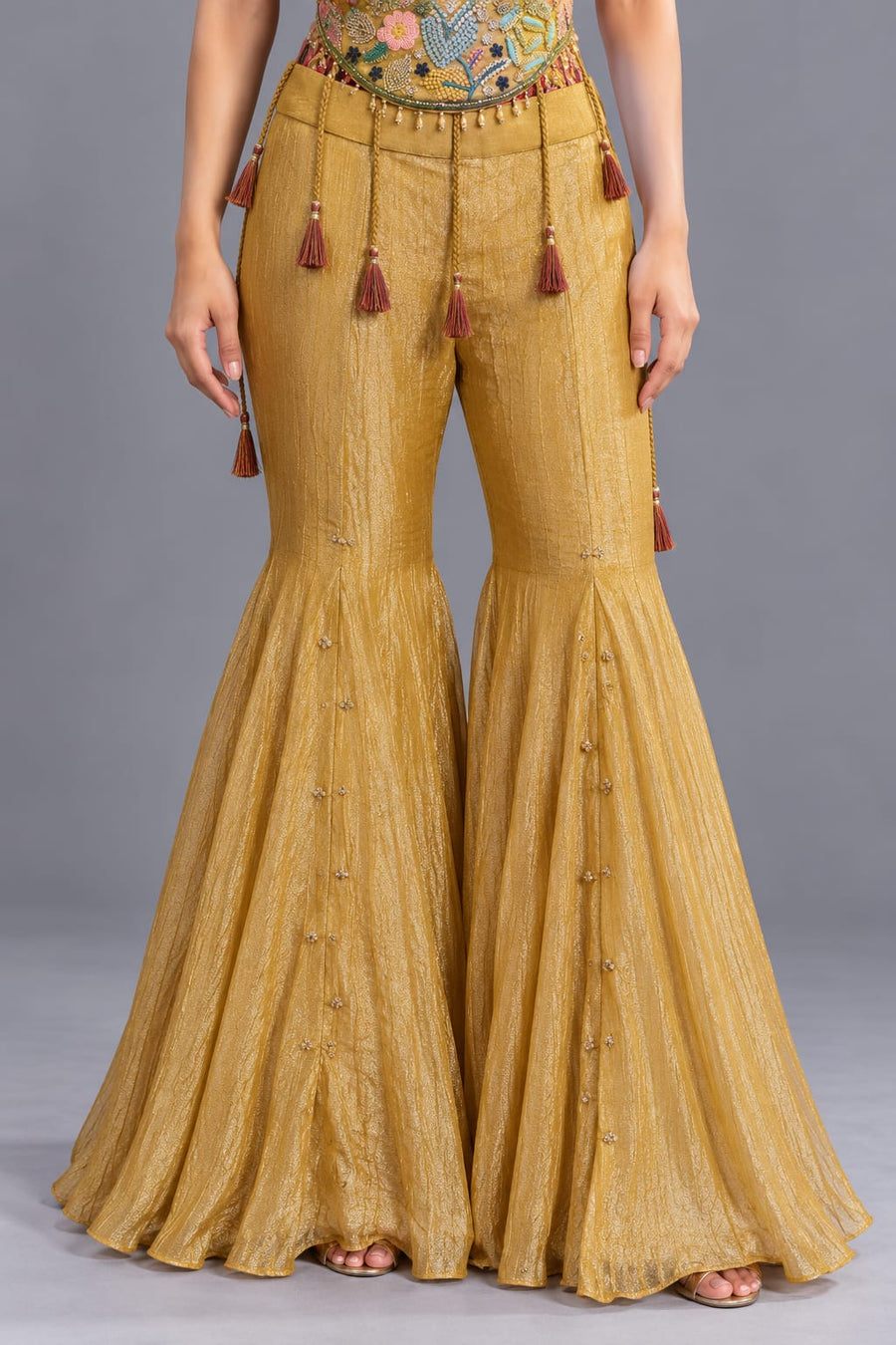 Mustard Gold Embroidered Corset Top with Flared Sharara Pants