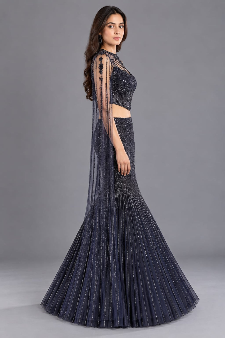 Navy Blue Sequin Fishcut Lehenga with Beaded Cape for Cocktail Parties