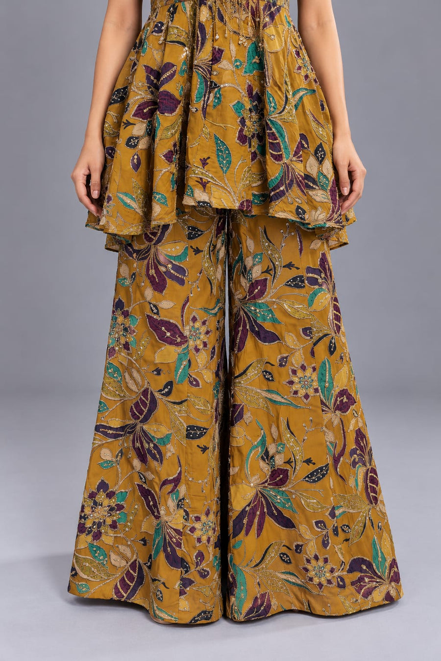 Mustard Yellow Floral Peplum Top with Palazzo Indo Western Set