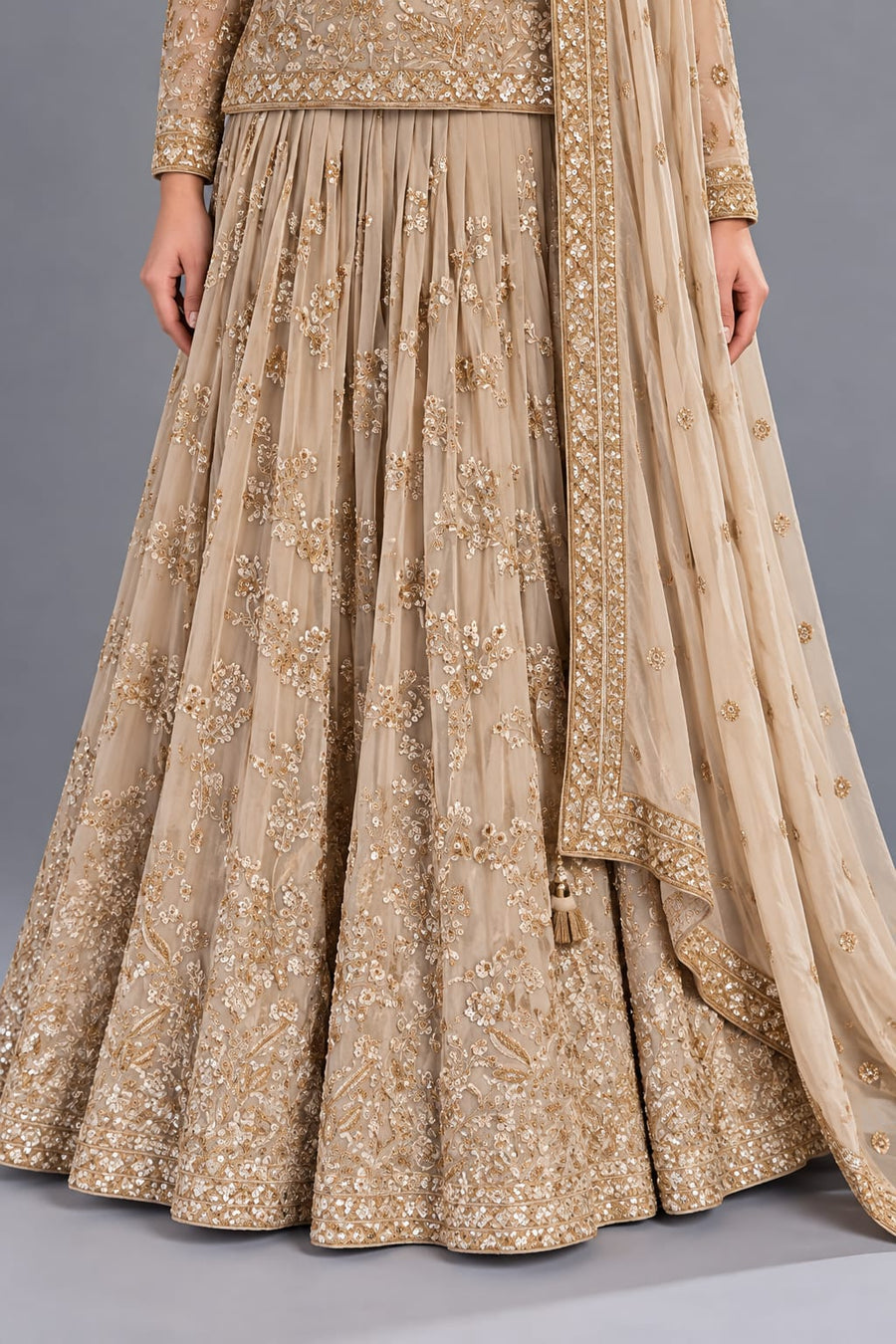 Beige Embroidered Lehenga Set with Dupatta for Wedding & Festive Wear