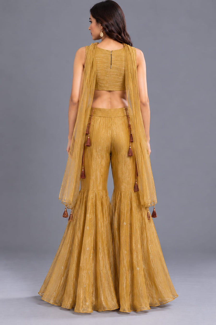 Mustard Gold Embroidered Corset Top with Flared Sharara Pants