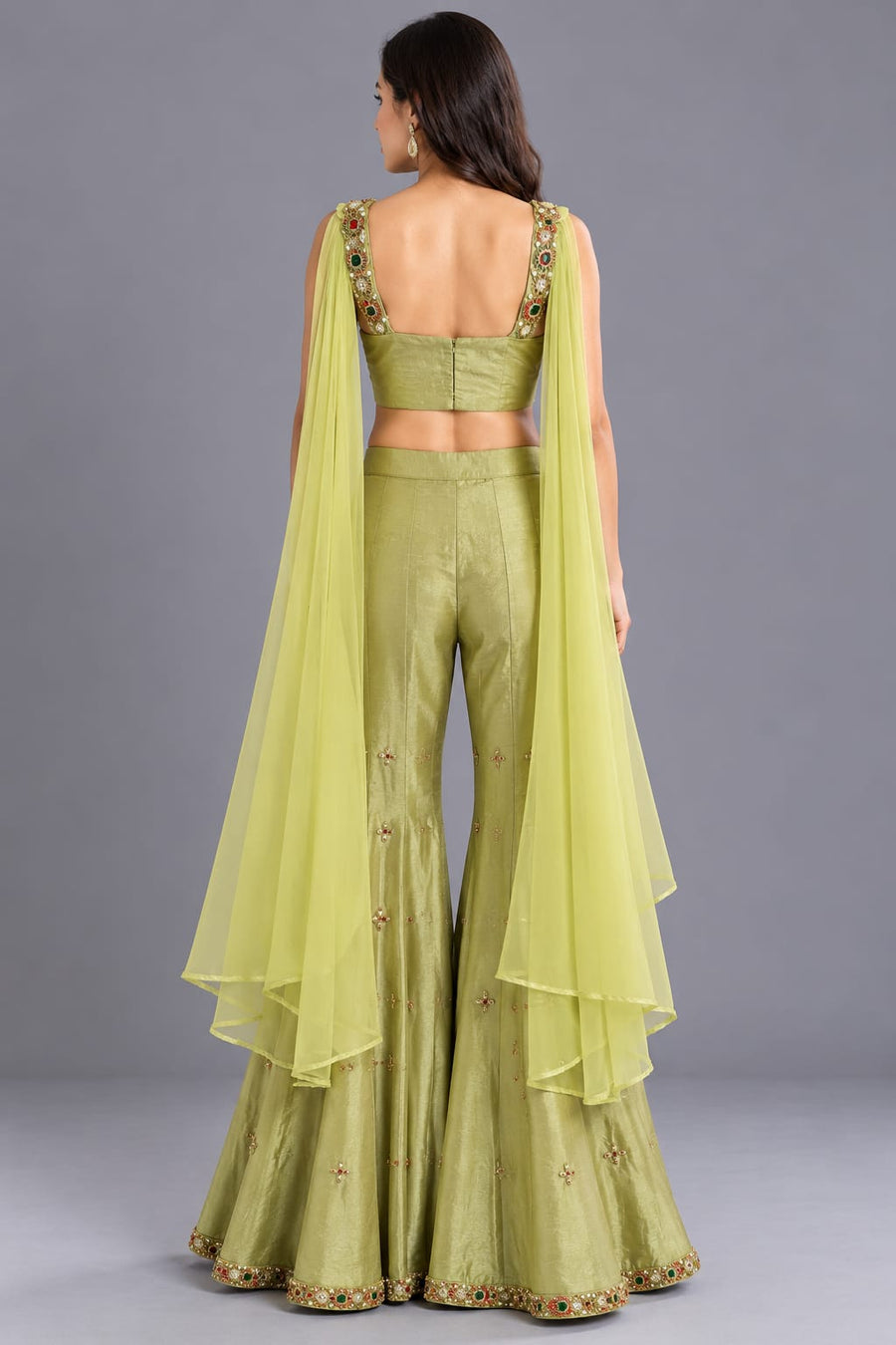 Pista Green Embroidered Corset with Flared Sharara and Choker
