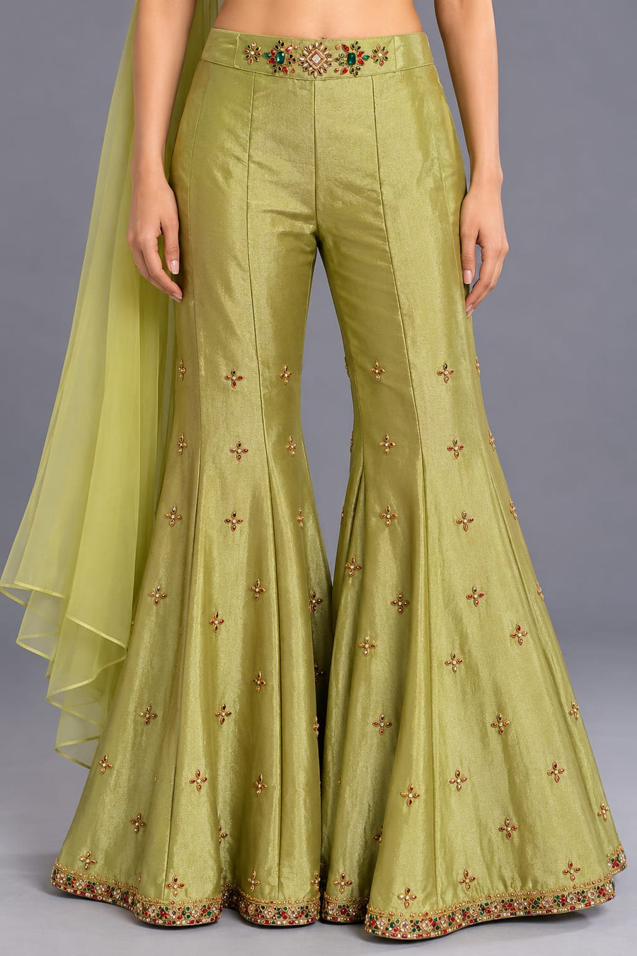 Pista Green Embroidered Corset with Flared Sharara and Choker