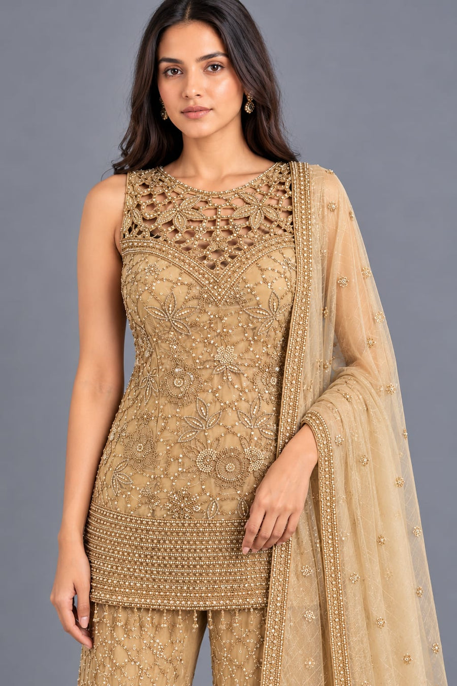 Golden Embroidered Peplum Sharara Set with Net Dupatta