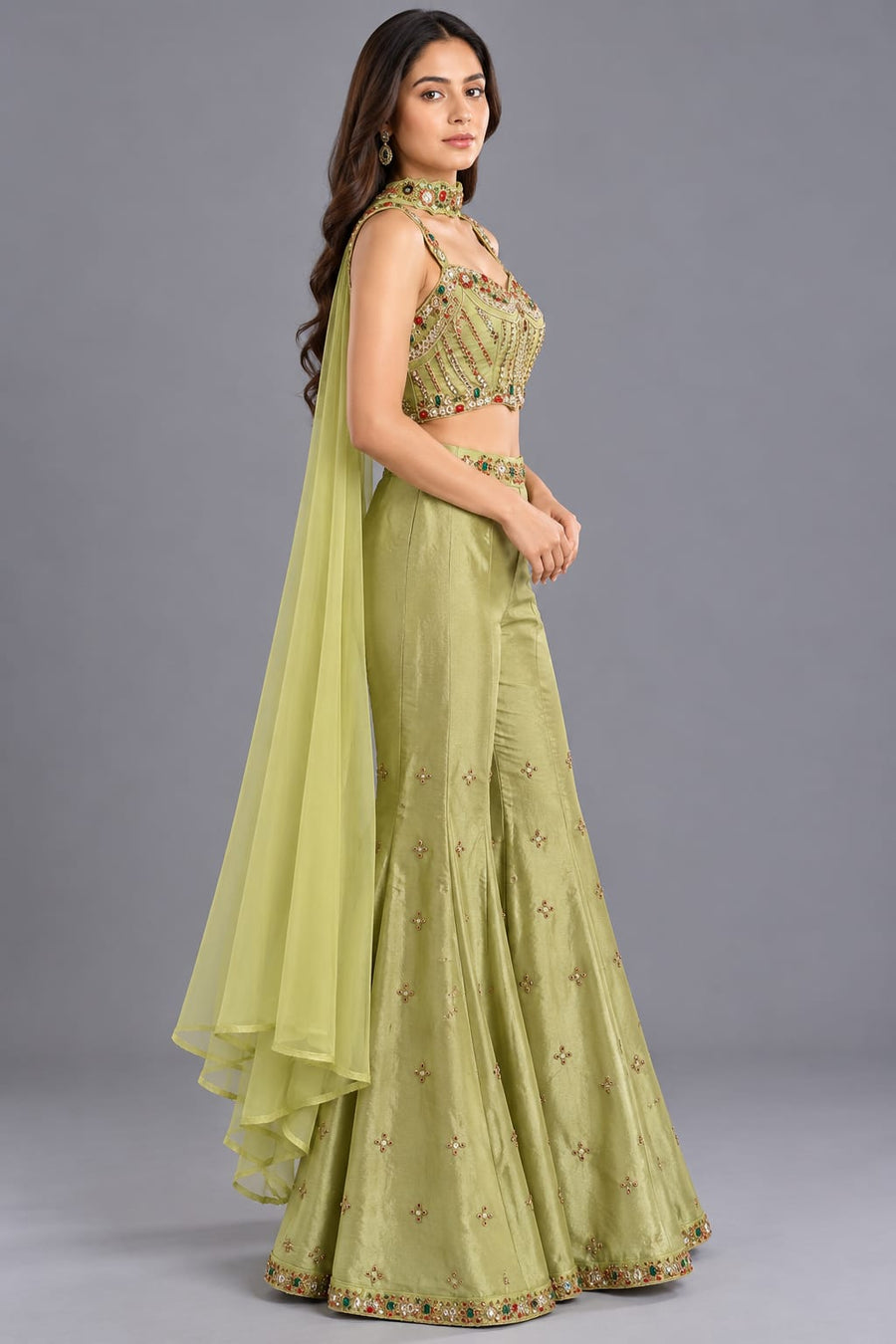 Pista Green Embroidered Corset with Flared Sharara and Choker
