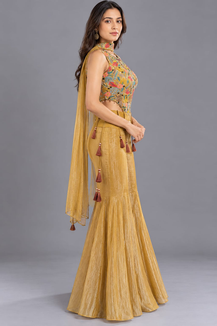 Mustard Gold Embroidered Corset Top with Flared Sharara Pants