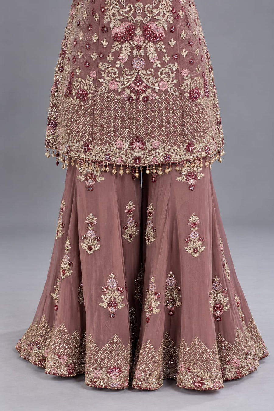 Dusty Mauve Embroidered Peplum Sharara Set with Choker Dupatta
