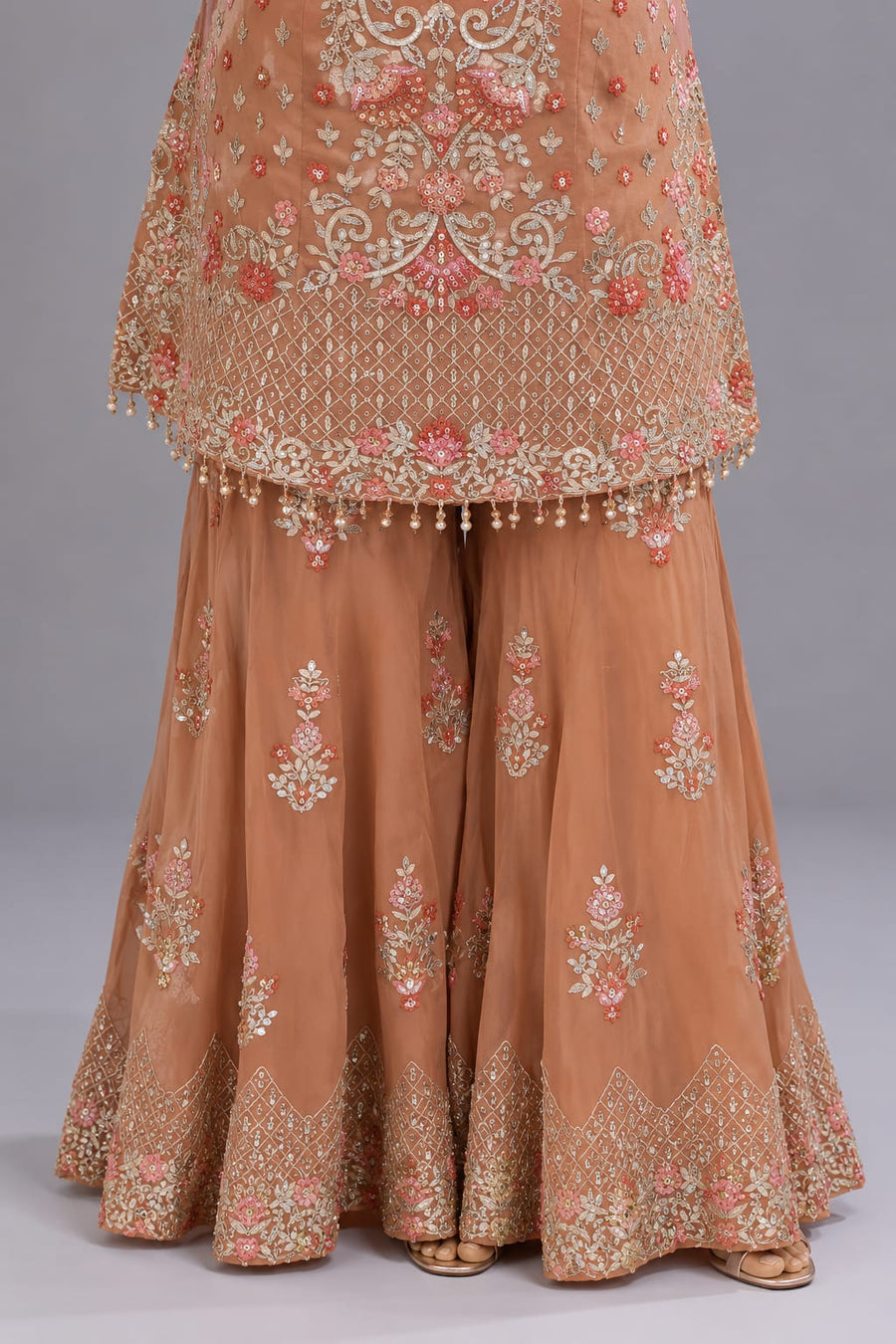 Peach Embroidered Sharara Suit with Dupatta for Wedding Functions
