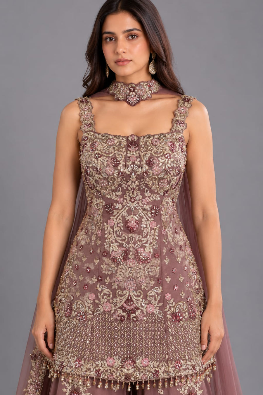 Dusty Mauve Embroidered Peplum Sharara Set with Choker Dupatta