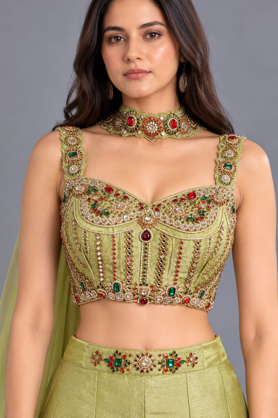 Pista Green Embroidered Corset with Flared Sharara and Choker