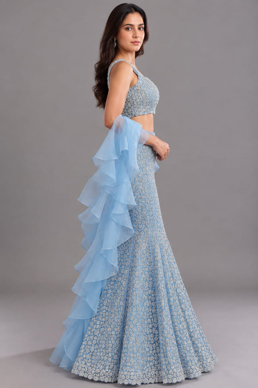 Sky Blue Fishcut Lehenga with Sequin Work & Ruffle Dupatta