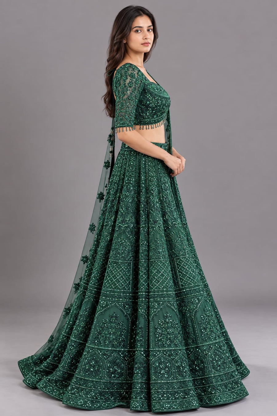 Emerald Green Embellished Designer Lehenga with Net Dupatta