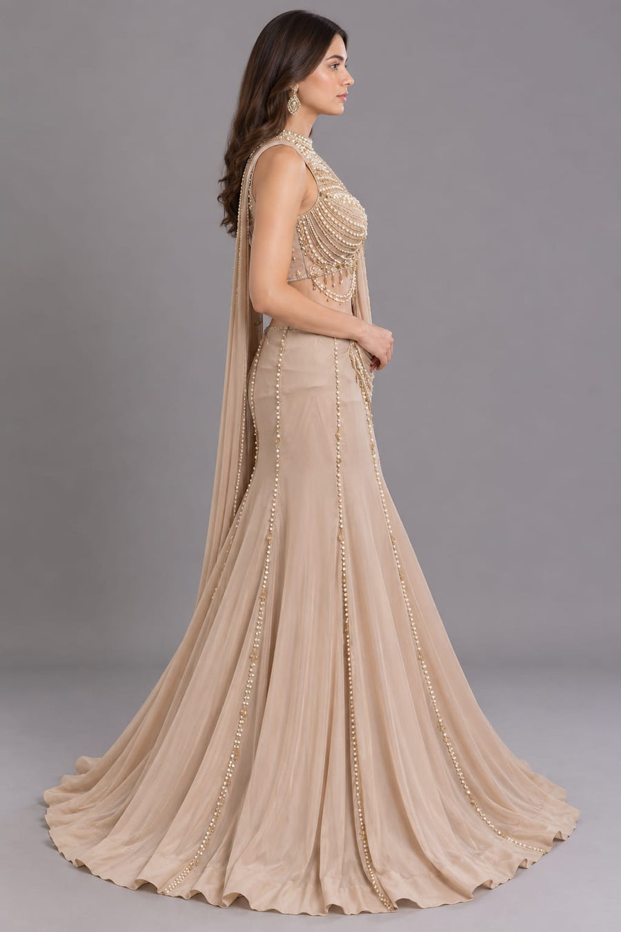 Champagne Beige Pearl Embellished Designer Drape Saree with Halter Neck Blouse