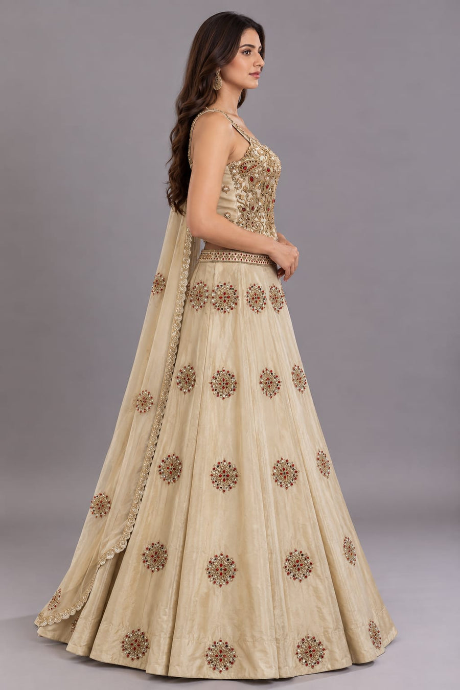 Champagne Gold Embellished Designer Lehenga with Red Stone Work
