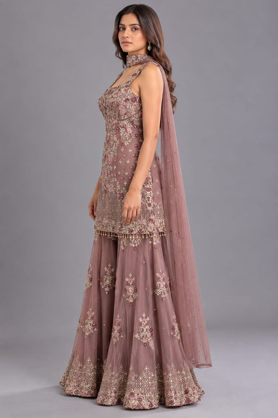 Dusty Mauve Embroidered Peplum Sharara Set with Choker Dupatta