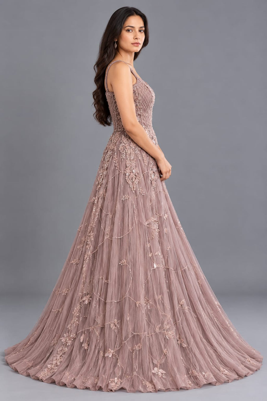 Dusty Rose Embroidered Net Gown with Sweetheart Neckline