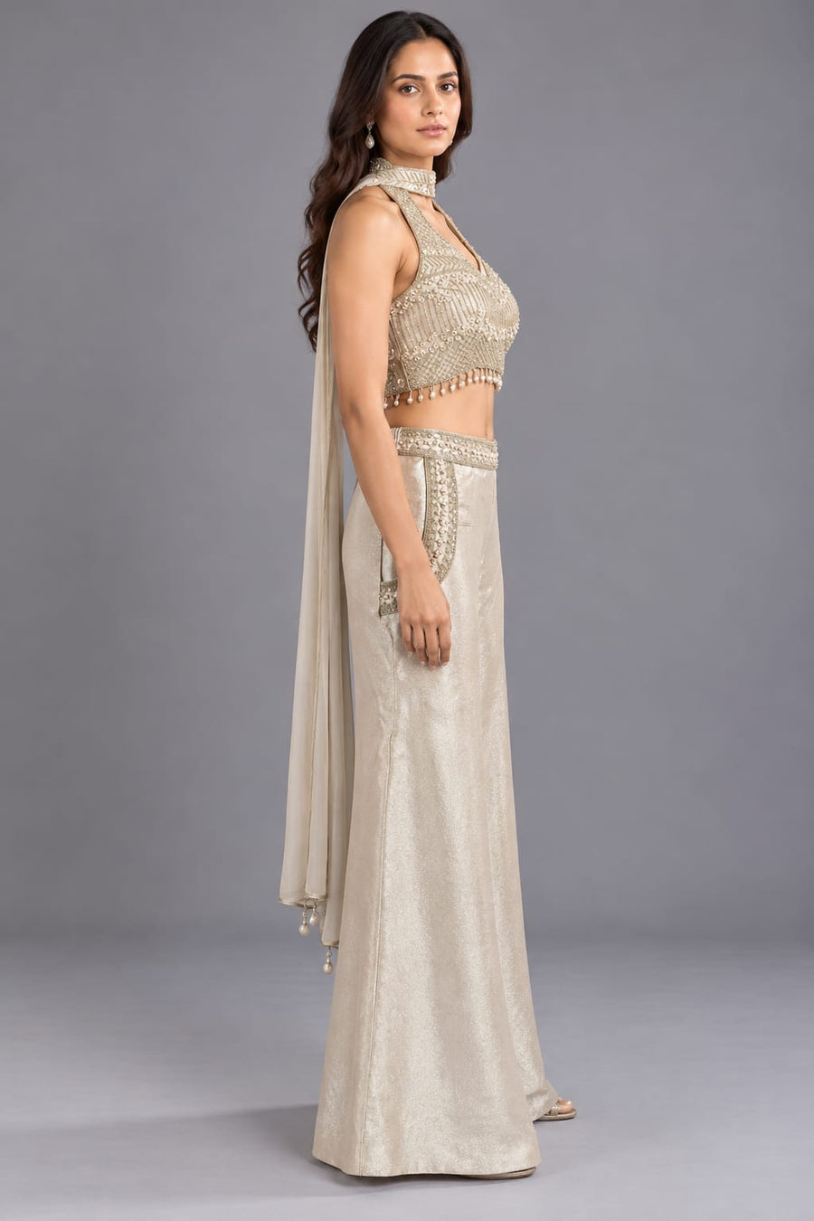 Ivory Embroidered Halter Crop Top with Palazzo and Choker Dupatta