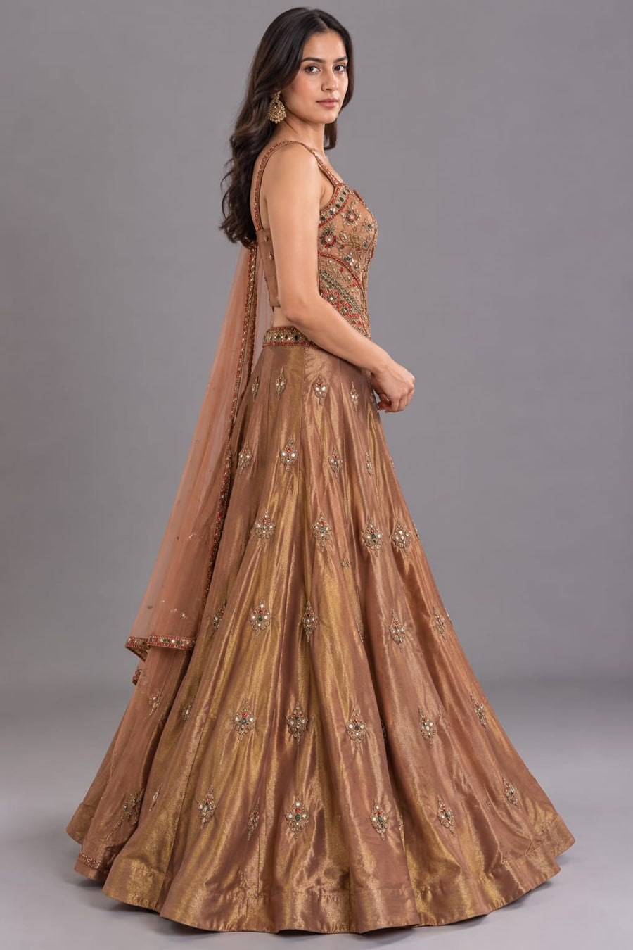 Bronze Gold Embroidered Designer Lehenga | Vastrachowk