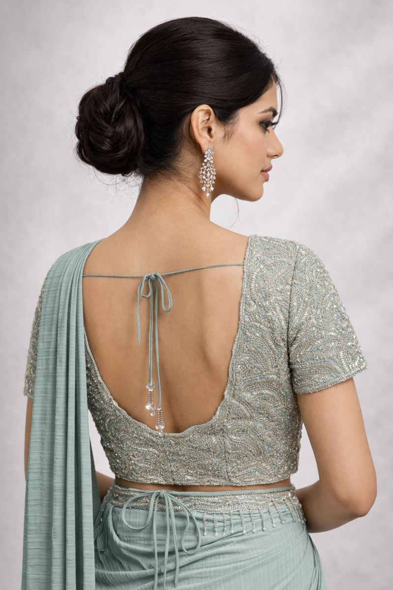 sky pre drap saree back pose